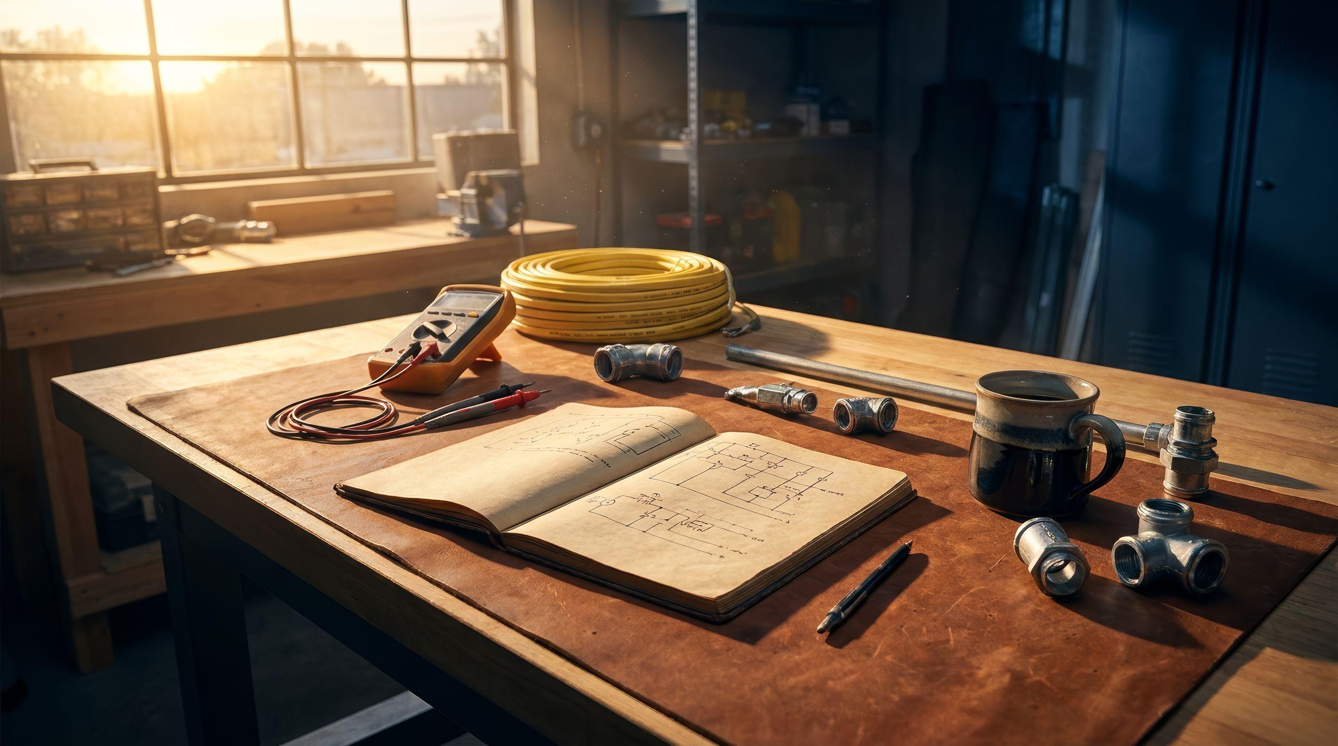 Electrical tools and notebook on an editorial workbench